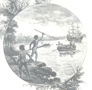 A 19th century engraving showing Australian "natives opposing the arrival of Captain James Cook" in 1770.