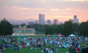 The Denver skyline from City Park during a free summer jazz concert
