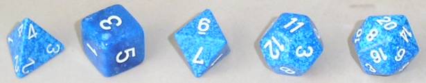 A matched Platonic-solids set of five dice, (from left) tetrahedron, cube, octahedron, dodecahedron and icosahedron.