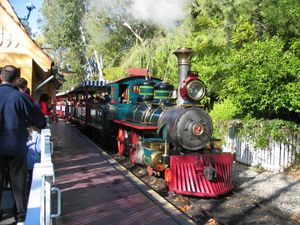 Engine #2, the E.P. Ripley, makes a station stop in Mickey's Toontown at Disneyland.