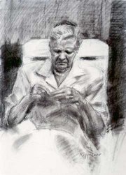 My mother knitting, 1993, crayon on paper, by Frans Koppelaar