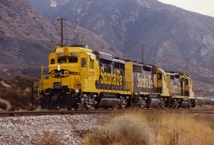 A GP30, GP35, and GP20 run light in the late 1980s on California's Cajon Pass.