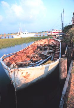 A ship's lifeboat, built of steel, rotting in the wetlands of Folly Island, South Carolina, USA.