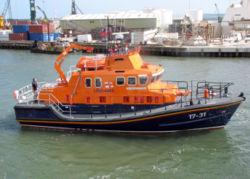 Severn class lifeboat in Poole Harbour, Dorset, England. This is the largest class of UK lifeboat at 17 metres long