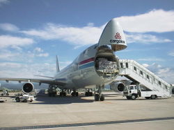 Cargolux 747-400F with the nose cone loading door open