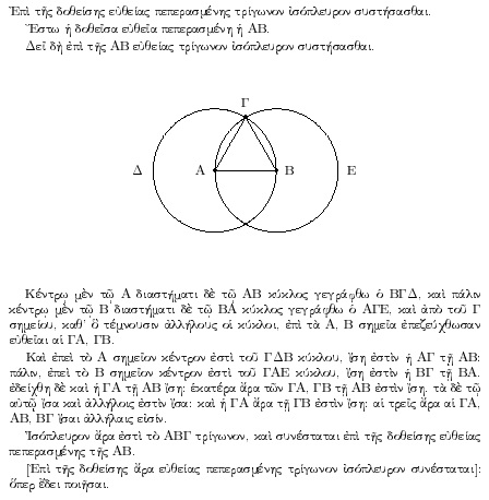 A proof from Euclid's elements that, given a line segment, an equilateral triangle exists that includes the segment as one of its sides. The proof is by construction: an equilateral triangle ΑΒΓ is made by drawing circles Δ and Ε centered on the points Α and Β, and taking one intersection of the circles as the third vertex of the triangle.