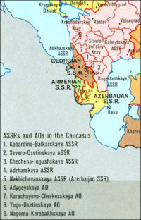 Soviet Caucasus 1989 political divisions and subdivisons showing the Abkhazian ASSR (Abkhazskaya ASSR in Russian) of Georgian SSR