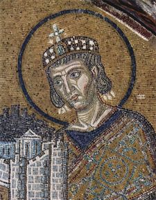 St. Constantine summoned the bishops of the Christian Church to Nicaea to address divisions in the Church. (mosaic in Hagia Sophia, Constantinople, c. 1000)