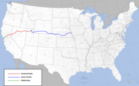 Route of the first American transcontinental railroad from Sacramento, California, to Omaha, Nebraska.