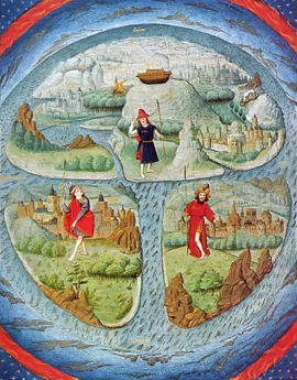 15th century adaptation of a T-O map. This kind of medieval Mappa Mundi illustrate only the reachable side of a round Earth, since it was thought that no one could cross a torrid clime near the equator to the other half of the globe.
