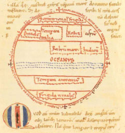 Sketch map from a 12th century manuscript of Macrobius's Dream of Scipio, showing the inhabited northern region separated from the antipodes by an imagined ocean spanning the equator.