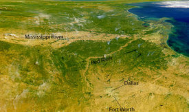 SeaWIFS satellite image looking east over the southern United States, showing the location of Dallas and Fort Worth