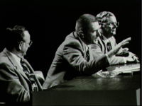 Glynn Lunney (far right) as manager of the Shuttle program, at a press conference with Chris Kraft and Gene Kranz in 1981