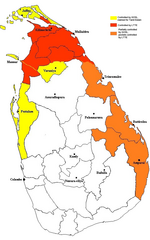 Approximate extent of area under the LTTE control, as of December 2001. Red areas are under full control, orange indicates partial control, yellow regions are claimed but not controlled.