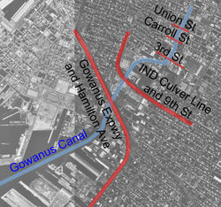 An aerial view of the canal and the crossings of it.