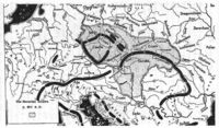 Approximate borders of Great Moravia at its greatest extent on an older map (in 890 - 894)