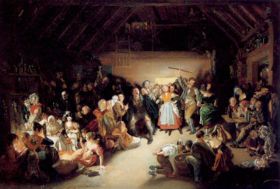 Snap-Apple Night by Daniel Maclise portrays a Halloween party in Blarney, Ireland, in 1832. The young people on the left play various divination games about future romance, while children on the right bob for apples. A couple in the center play snap-apple with an apple skewered on tongs hanging from a string.