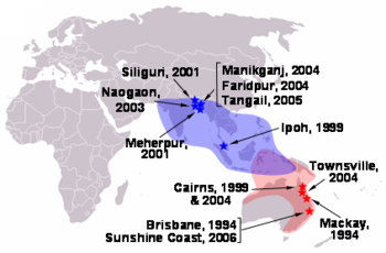Locations of henipavirus outbreaks (red stars–Hendra virus; blue stars–Nipah virus) and distribution of henipavirus flying fox reservoirs (red shading–Hendra virus ; blue shading–Nipah virus)