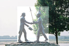 Meriwether Lewis and William Clark meeting at the falls of the Ohio River; statue at the Falls of the Ohio State Park in Clarksville, Indiana (across from Louisville)