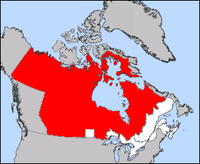 Canada under 1870 boundaries. The territories are in red, and Manitoba is the small white box.