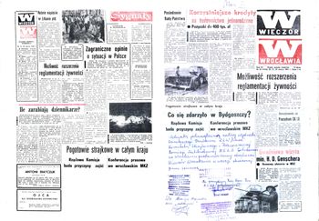 March 20-21, 1981, issue of Wieczór Wrocławia (The Wrocław Evening). Blank spaces remain after the government censor has pulled articles from page 1 (right, "What happened at Bydgoszcz?") and from the last page (left, "Country-wide strike alert"), leaving only their titles. The printers—Solidarity-trade-union members—have decided to run the newspaper as is, with blank spaces intact. The bottom of page 1 of this master copy bears the hand-written Solidarity confirmation of that decision.
