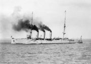 Portside view of the Challenger class light cruiser HMAS Encounter