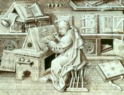 Burgundian scribe (portrait of Jean Miélot, from Miracles de Notre Dame), 15th century. The depiction shows the room's furnishings, the writer's materials, equipment, and activity.