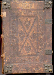 A 15th century incunabulum. Notice the blind-tooled cover, corner bosses and clasps for holding the book shut.