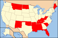 This map shows the bottom fifteen states according to median household income.