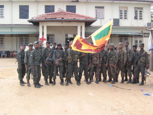 Sri Lanka Army commandos in front of Vaharai hospital following its fall to Sri Lankan troops