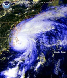 Satellite image of Hurricane Alex just off the Outer Banks of North Carolina on August 3.