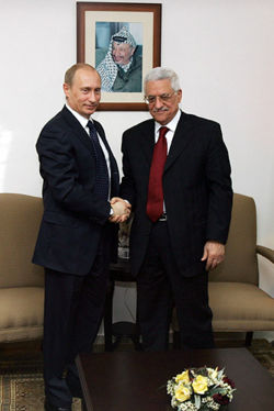 Vladimir Putin and Mahmoud Abbas during Putin's visit to the West Bank