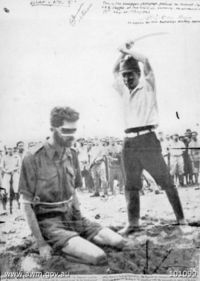 Aitape, New Guinea, 1943. An Australian soldier, Sgt Leonard Siffleet, about to be beheaded with a katana sword. Many Allied prisoners of war were summarily executed by Japanese forces during the Pacific War.