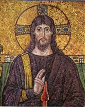 In the 6th-century mosaic in Ravenna Jesus is portrayed as a Greco-Roman priest and king - the Pantokrator enthroned, donning regal Tyrian purple, and gesturing a sign of the cross.