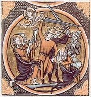 Jews (identifiable by the distinctive hats that they were required to wear) being killed by Christian knights.  French Bible illustration from 1250.