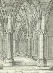 The is a 19th century depiction of the some columns in the crypt of Glasgow Cathedral; it is one of the few structures to have survived from Jocelin's era.