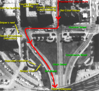 The route taken by the motorcade within Dealey Plaza. North is towards the almost direct-left