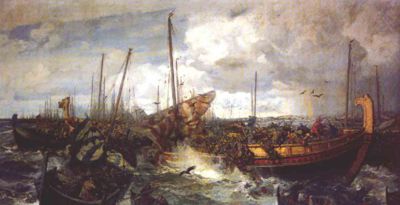 The Battle of Svolder, at which the Jomsvikings fought with Denmark against Norway, maybe with a swap of allegiance to side with Forkbeard's advantage, of his 400 ships to Tryggvason's 100. (Otto Sinding painter).