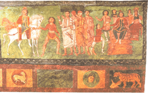 Scenes from the Book of Esther, part of the Ketuvim portion of the Tanakh, decorate the Dura-Europos synagogue dating from 244 CE