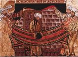 Muhammad rededicating the Kaaba Black Stone. In Jami Al-Tawarikh "The Universal History" by Rashid Al-Din, at the University of Edinburgh library; c. 1315.
