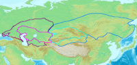 Map of the Western (purple) and Eastern (blue) Gokturk khaganates at their height, c. 600 CE. Lighter areas show direct rule; darker areas show spheres of influence.