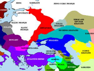 A much reduced Khazaria and surrounding states, c. 950 CE