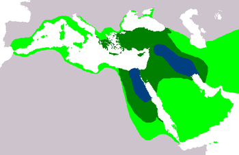 The slow spread of literacy in the ancient world. The dark blue areas were literate at around 2300 BCE. The dark green areas were literate at around 1300 BCE. The light green areas were literate at around 300 BCE. Note that other Asian societies were literate at these times, but they are not included on this map. Note also that even in the colored regions, functional literacy was usually restricted to a handful of ruling elite.