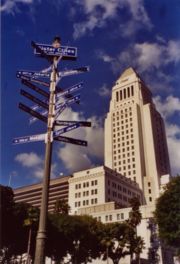 A sign near City Hall points to the sister cities of Los Angeles.