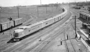 The first westbound City of Denver (M-10005) arrives at Denver, Colorado, June 19, 1936.