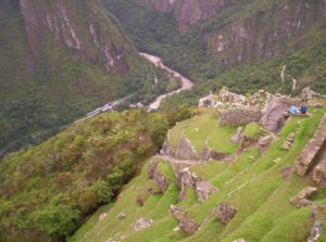 View looking down the terraced steps to the Urubamba river