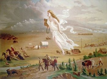 This painting (circa 1872) by John Gast called American Progress is an allegorical representation of Manifest Destiny. Here Columbia, a personification of the United States, leads civilization westward with American settlers, stringing telegraph wire as she travels and carrying a school book. The different economic activities of the pioneers are highlighted and, especially, the changing forms of transportation. The American Indians and wild animals flee.