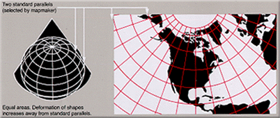 An Albers projection shows areas accurately, but distorts shapes.