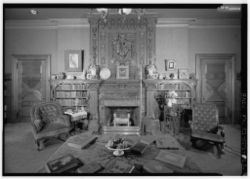 The library features hand-stenciled paneling, fireplaces from India, embossed wallpapers and an enormous handcarved mantel that the Twains purchased in Scotland (HABS photo)