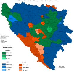 Ethnic map of Bosnia and Herzegovina, 2006 municipality data (est.). Bosnian Serbs - blue, Bosnian Croats - red, Bosniaks - green.